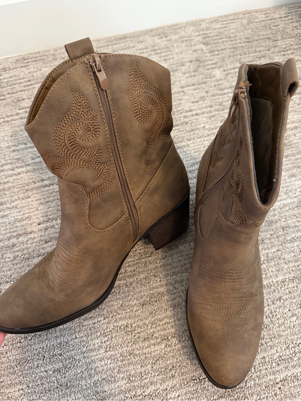 Global Win Taupe/Brown Western Embroidered Ankle Boots